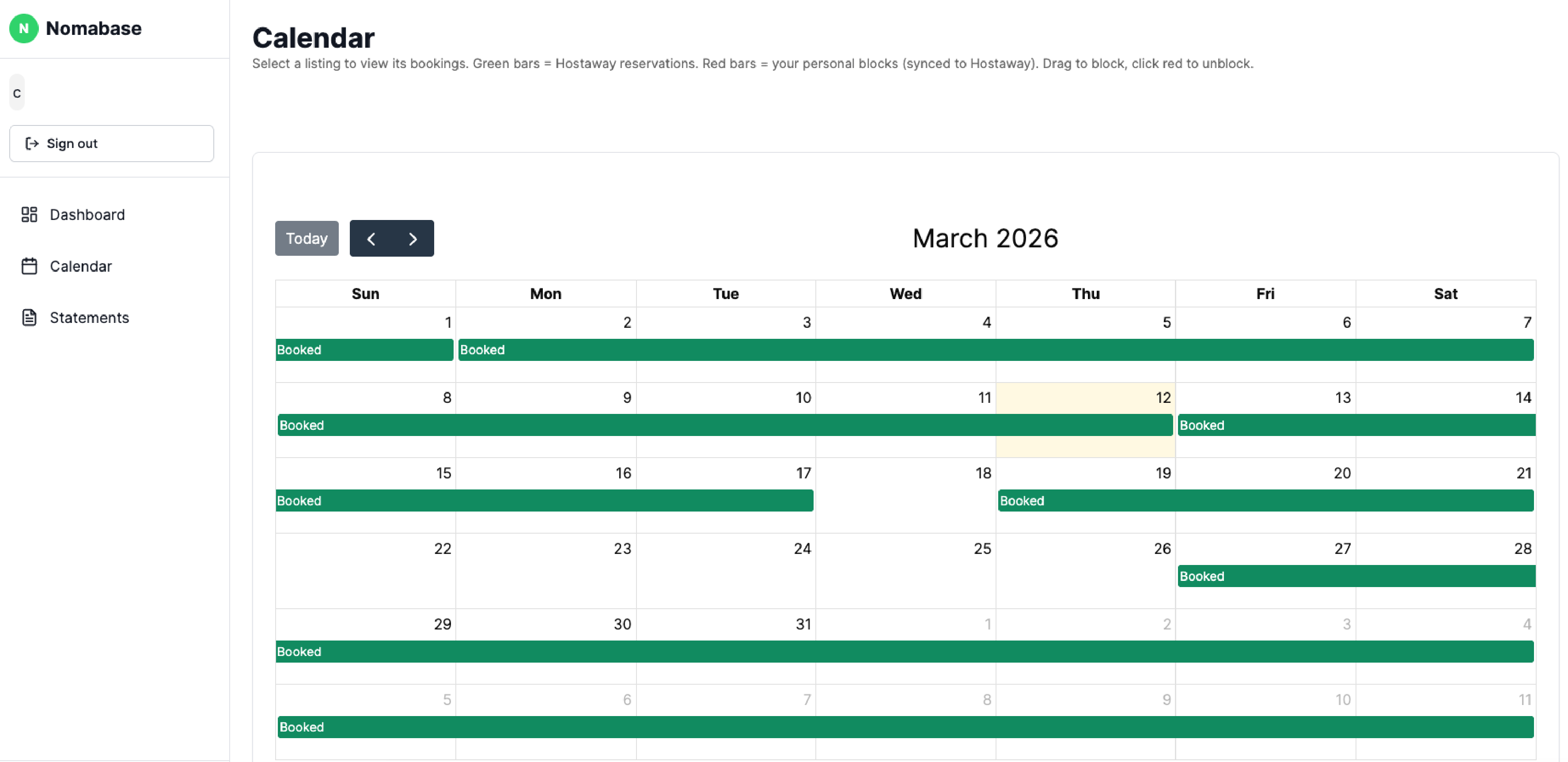Owner portal calendar with booked and blocked dates