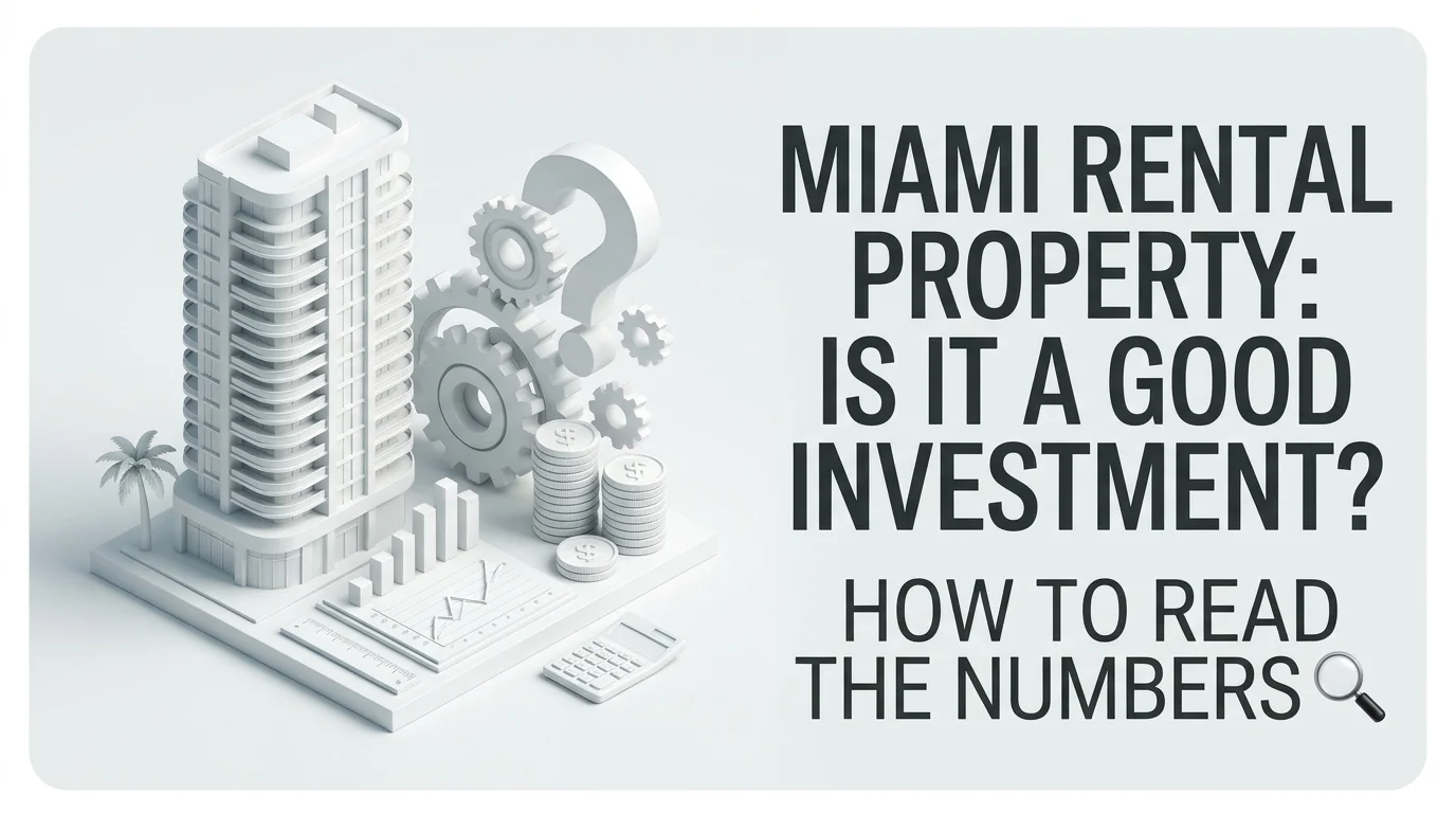 White 3D model of a Miami condo tower with gears, a question mark, coins, charts and a calculator: Miami rental property, is it a good investment? How to read the numbers